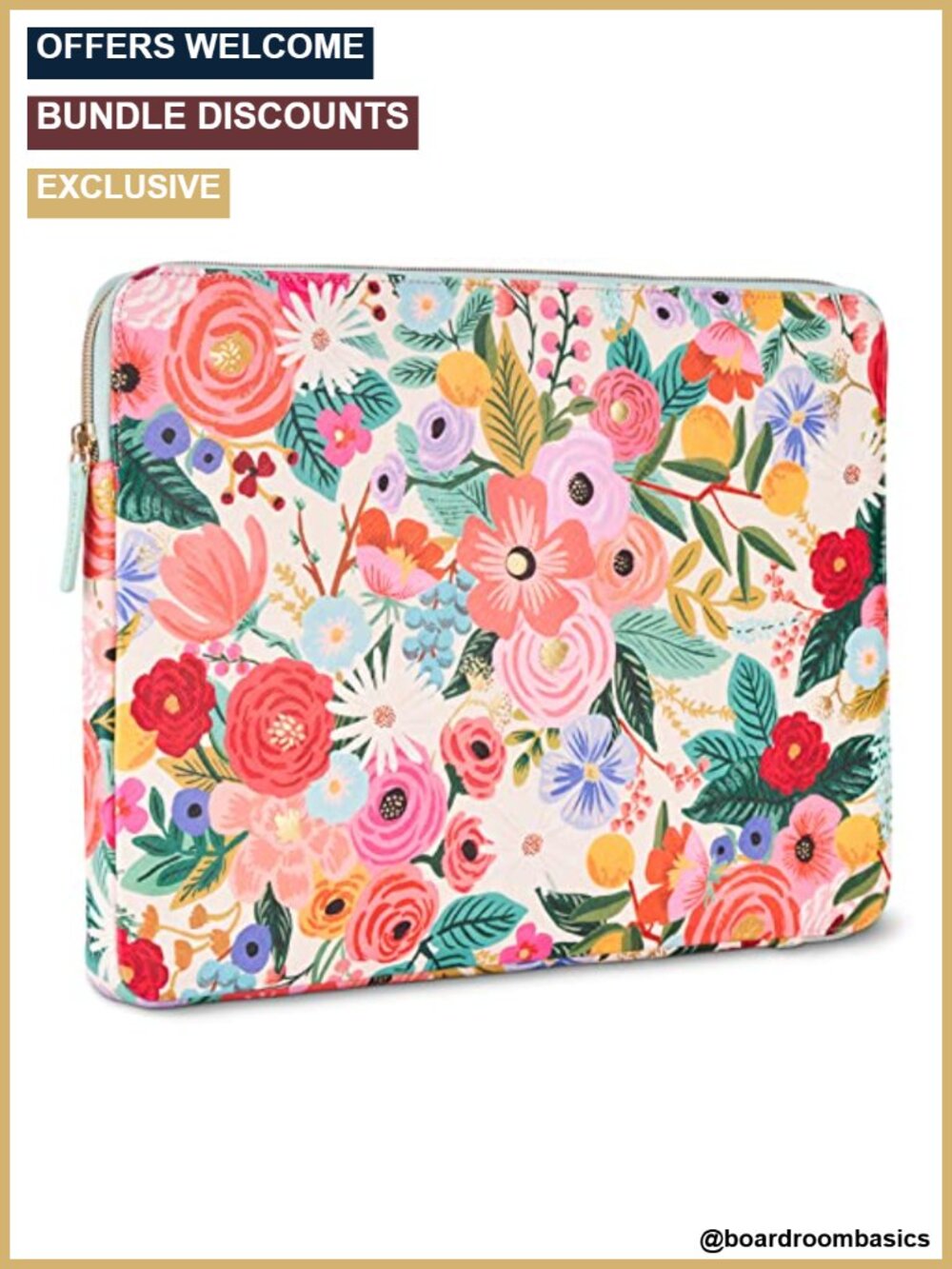 Laptop Sleeve 14 inch PU Floral Gold Foil Padded Satin Interior Case